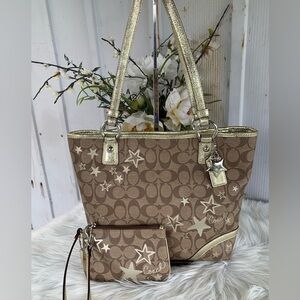 Coach Tan and Gold Star-Patterned Tote Bag with Matching Wristlet